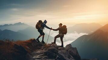 Hiker helping friend reach the mountain top. Help or teamwork concept. Generative Ai photo