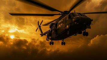 Marines descending  helicopter drops during sunset. Generative Ai photo