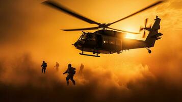 infantería de marina descendente helicóptero gotas durante puesta de sol. generativo ai foto