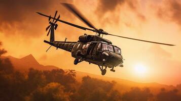 militar comando helicóptero gotas durante puesta de sol. generativo ai foto