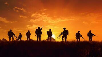 siluetas de militar en el campo de batalla a puesta de sol. generativo ai foto