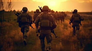 Team of Modern warfare soldiers moving forward. Generative Ai photo