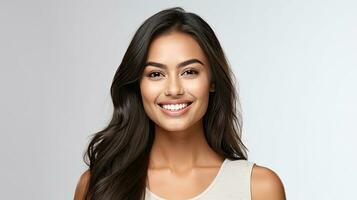 A beautiful young asian indian model woman smiling with clean teeth isolated on white background. Generative Ai photo