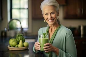 un sano mayor mujer sonriente mientras participación algunos verde jugo vaso en el cocina. generativo ai foto