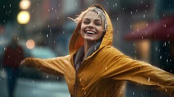 alegre mujer bailando en el calle en lluvia abrigo. generativo ai foto