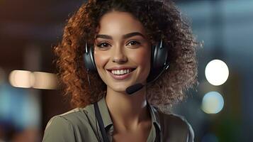 A Customer service representative with curly hair talking through headset in a professional office. Generative Ai photo