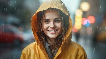 Cheeful woman standing in the street in rain coat. Generative Ai photo