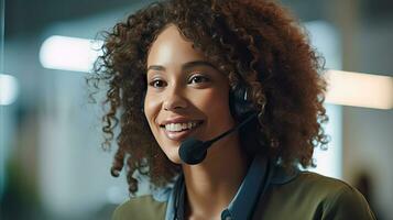 A Customer service representative with curly hair talking through headset in a professional office. Generative Ai photo