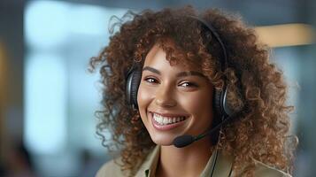 A Customer service representative with curly hair talking through headset in a professional office. Generative Ai photo