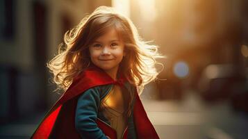 Funny cute girl in superhero costume. Generative Ai photo