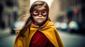 gracioso linda niña en superhéroe traje. generativo ai foto