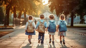 grupo de gracioso joven niños caminando juntos en amistad, en su primero día de escuela, espalda a colegio concepto. generativo ai foto