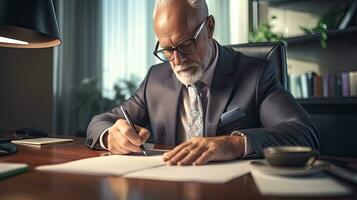 A Serious business man sitting at desk and signing documents in a professional office. Generative Ai photo