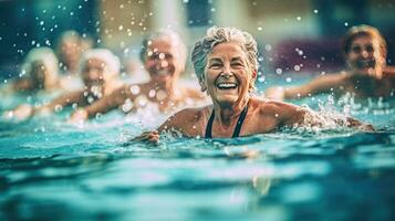 Exercise in water, Active senior women enjoying aqua fit class in a pool, displaying joy and camaraderie, embodying a healthy, retired lifestyle. Generative Ai photo