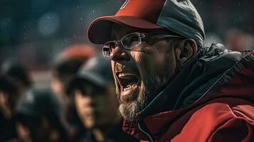 fútbol americano entrenador, inspirador alto colegio fútbol americano entrenador entregando un apasionado discurso, promoviendo liderazgo y motivación a un cautivado Deportes equipo. generativo ai foto