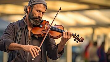 un músico jugando violín en público. musical concepto. generativo ai foto