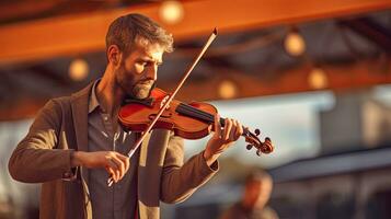 un músico jugando violín en público. musical concepto. generativo ai foto