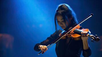 un joven mujer jugando violín en escenario. musical concepto. generativo ai foto