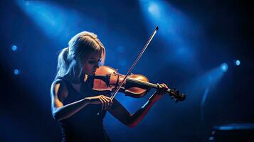 un joven mujer jugando violín en escenario. musical concepto. generativo ai foto