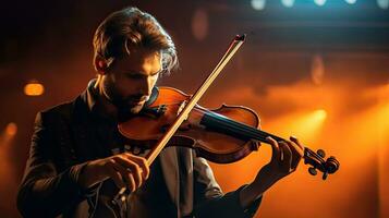 músico jugar violín en oscuro antecedentes. musical concepto. generativo ai foto