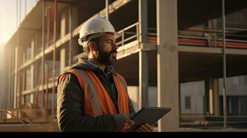 Architect or engineer, foreman on construction site with tablet computer. real estate business concept. Generative Ai photo