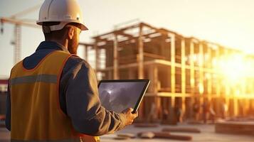 Architect or engineer, foreman on construction site with tablet computer. real estate business concept. Generative Ai photo