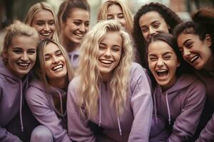 grupo de joven mujer riendo felizmente, vestido en ropa de deporte. Deportes, aptitud y amistad. generativo ai foto