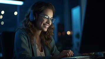 Happy female entrepreneur having a virtual business meeting at night. Nighttime productivity. Generative Ai photo