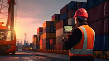 An engineer and tablet at Containers yard from Cargo freight ship for import export. Transportation concept Import and export. Generative Ai photo
