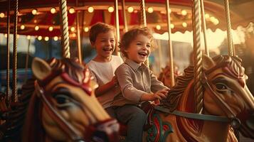 Two happy young boys expressing excitement while on a colorful carousel, merry go round, having fun at an amusement park. Generative Ai photo