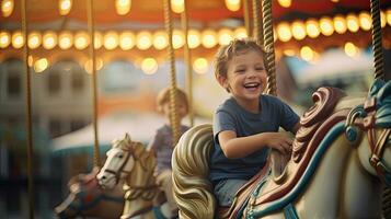 Two happy young boys expressing excitement while on a colorful carousel, merry go round, having fun at an amusement park. Generative Ai photo