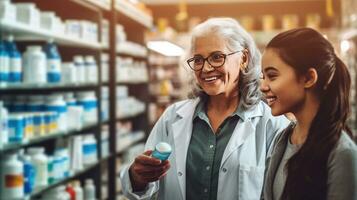 A smiling young female pharmacist giving prescription medications to senior female customer in a pharmacy store. Generative Ai photo