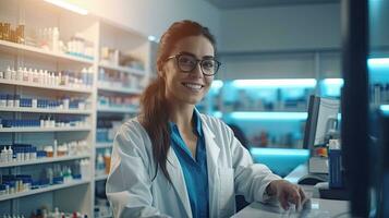 Happy Female Cashier in White Coat Serves Customer. Shelves with Health Care Products in Modern Pharma Store. Pharmacy Drugstore. Generative Ai photo