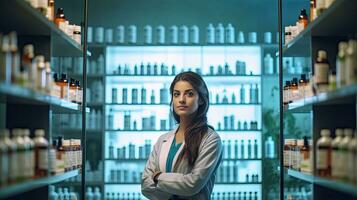 A female chemist, Medicines arranged in shelves of modern pharma store. Generative Ai photo