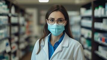 Portrait of a female pharmacist with protective mask on her face working at pharmacy. Medical healthcare concept. Generative Ai photo