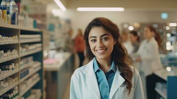 Happy Female Cashier in White Coat Serves Customer. Shelves with Health Care Products in Modern Pharma Store. Pharmacy Drugstore. Generative Ai photo