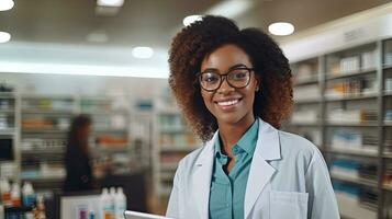 Portrait of smiling african doctor woman working in drugstore with digital tablet. Generative Ai photo