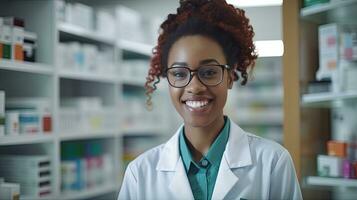 Portrait of smiling african doctor woman working in drugstore with digital tablet. Generative Ai photo