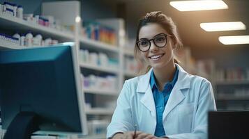 retrato de sonriente joven hembra farmacéutico participación medicación mientras utilizando computadora a farmacia encimera. generativo ai foto