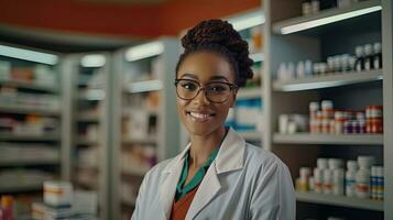 Portrait of smiling african doctor woman working in drugstore with digital tablet. Generative Ai photo