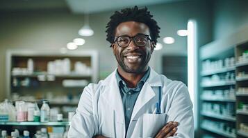 profesional confidente negro farmacéutico vistiendo laboratorio Saco y anteojos, cruces brazos y mira a cámara sonriente encantadoramente en un farmacia almacenar. generativo ai foto