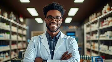 profesional confidente negro farmacéutico vistiendo laboratorio Saco y anteojos, cruces brazos y mira a cámara sonriente encantadoramente en un farmacia almacenar. generativo ai foto