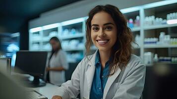 Portrait of Smiling young female pharmacist holding medication while using computer at pharmacy counter. Generative Ai photo