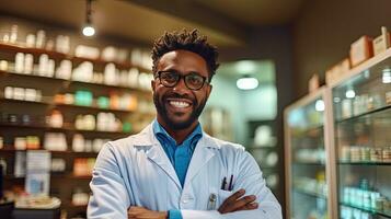 profesional confidente negro farmacéutico vistiendo laboratorio Saco y anteojos, cruces brazos y mira a cámara sonriente encantadoramente en un farmacia almacenar. generativo ai foto