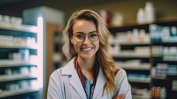 sonriente retrato de un hermosa farmacéutico en un farmacia almacenar. generativo ai foto