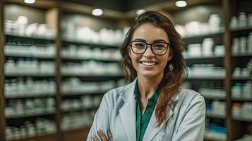 sonriente retrato de un hermosa farmacéutico en un farmacia almacenar. generativo ai foto