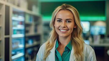 Smiling portrait of a beautiful pharmacist in a pharmacy store. Generative Ai photo