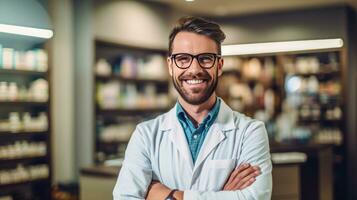 sonriente retrato de un hermoso farmacéutico en un farmacia almacenar. generativo ai foto