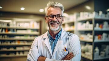 sonriente retrato de un hermoso farmacéutico en un farmacia almacenar. generativo ai foto