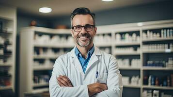 sonriente retrato de un hermoso farmacéutico en un farmacia almacenar. generativo ai foto